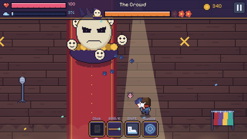 The Crowd boss with orbiting masks and a spotlight