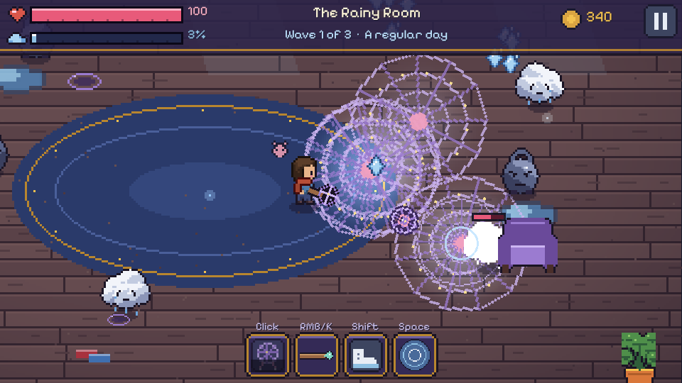 The player throwing Dream Nets at clouds in the Rainy Room