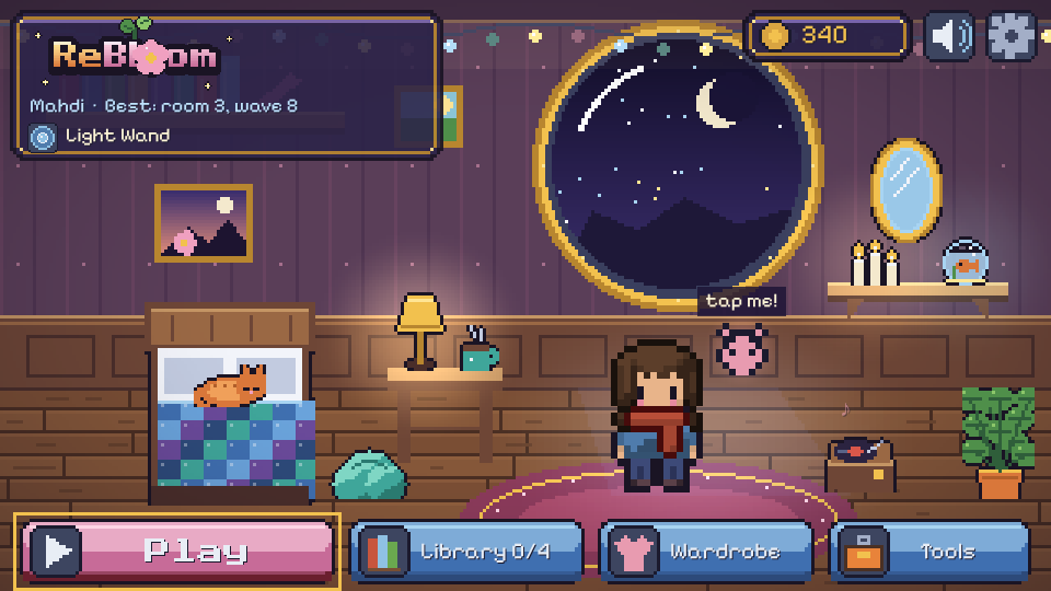 The player's room with fairy lights, a sleeping cat and a record player
