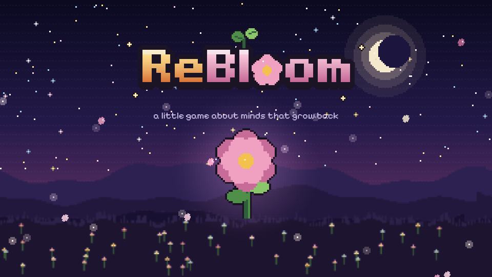 The ReBloom title screen with a pink flower under the moon